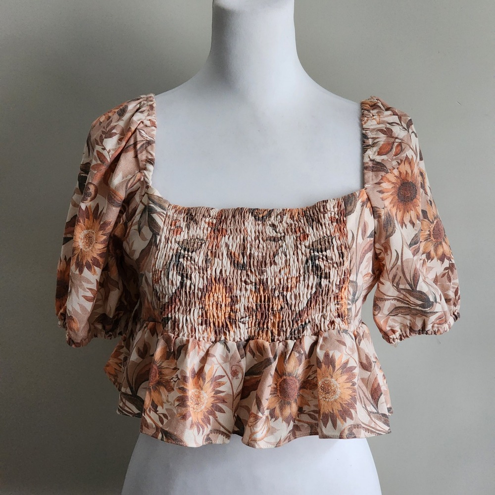 Linen Blend Sunflower Smocked Crop Top Womens 10 Peplum Puff Sleeve Prairie Boho